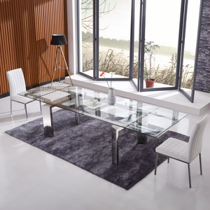 Mueble de lujo de <span class=keywords><strong>acero</strong></span> inoxidable, <span class=keywords><strong>mesa</strong></span> de <span class=keywords><strong>comedor</strong></span> <span class=keywords><strong>y</strong></span> sillas de 6 plazas con tapa de <span class=keywords><strong>cristal</strong></span> completa minimalista - Product Image 1