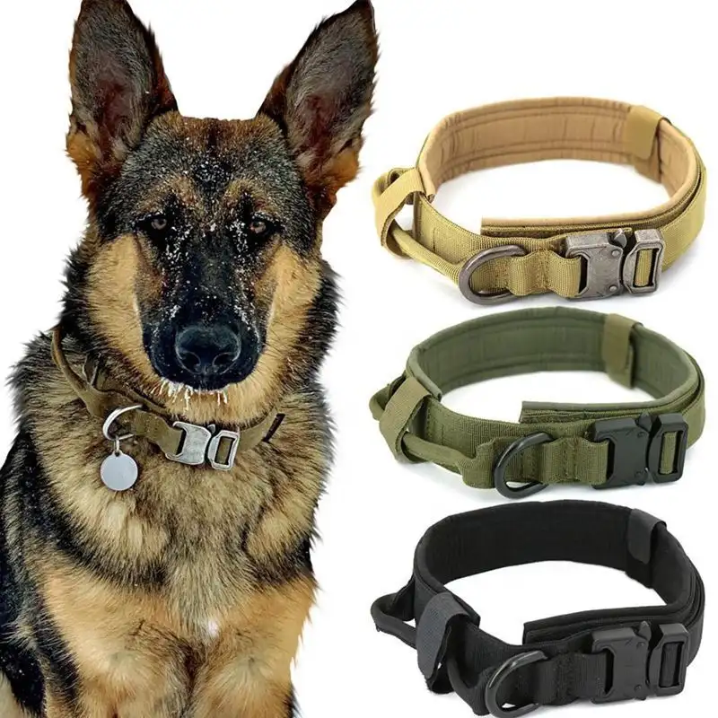 Gesper Anjing Taktis Militer dengan Pegangan, Tugas Berat Beberapa Warna Latihan Hewan Peliharaan Lepas Cepat Gesper Logam Empuk Kerah Anjing Taktis Militer
