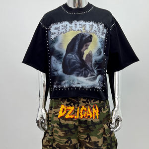 Streetwear T-shirt noir de haute qualité à épaules tombantes T-shirt d'été personnalisé en coton avec strass T-shirt surdimensionné à impression de qualité supérieure - Product Image 1