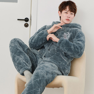Pyjama d'hiver pour <span class=keywords><strong>homme</strong></span> à trois couches isolées avec doublure en <span class=keywords><strong>polaire</strong></span> et flanelle épaisse, vêtements de maison pour <span class=keywords><strong>homme</strong></span>, ensemble de vêtements de nuit en <span class=keywords><strong>polaire</strong></span> corail chaud - Product Image 3