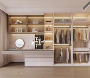 Dressing ouvert minimaliste contemporain, armoire en chêne clair sur mesure, tiroirs écologiques, meuble-lavabo flottant, appartement moderne - Product Image 4