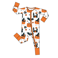 Pakaian Jumpsuit Bayi Halloween Anak-Anak Custom Bermotif Barat Rajutan Bambu dengan Ritsleting Dua Arah