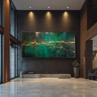 Peinture à l'huile abstraite de luxe grand format vert émeraude avec veines dorées, art sur toile vert sarcelle horizontal pour décoration moderne de salon et d'hôtel