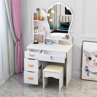 Table de toilette moderne en bois avec miroir éclairé, tabouret, tiroirs et étagères multi-rangements pour petite chambre à coucher