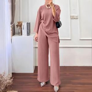 Ensemble HANO pour femmes musulmanes, haut à manches longues et pantalon large, couleur unie, style décontracté arabe turc, ensemble simple 2 pièces - Product Image 2