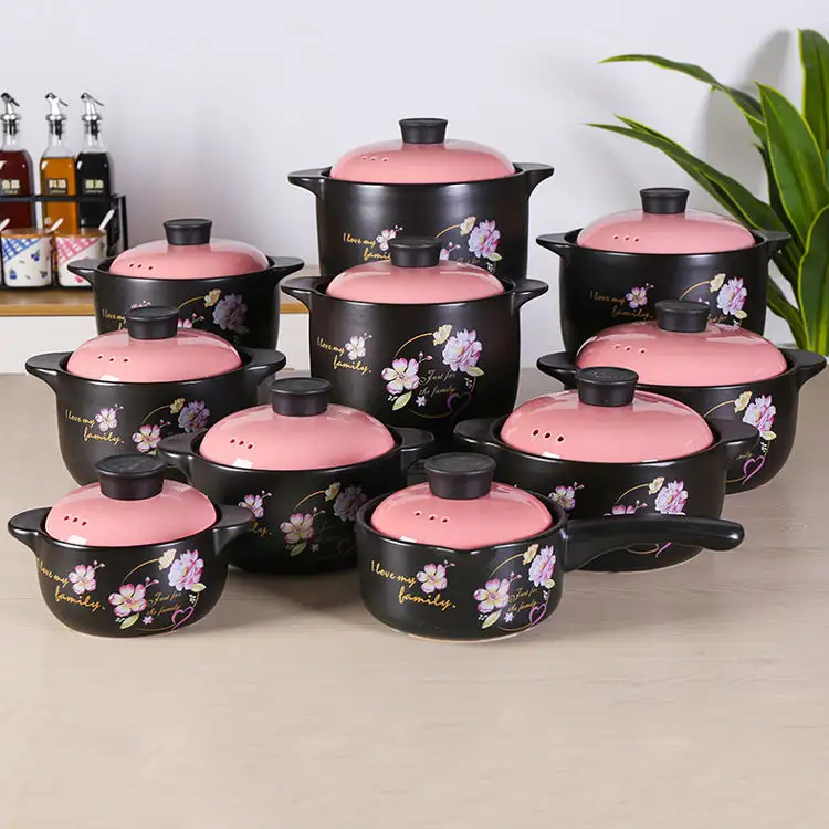 Potes de stoneware para casa, rosa flor de cerâmica chinesa conjunto de bolinhas antiaderentes casserolho de cerâmica