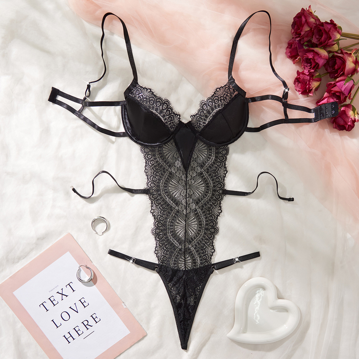 sexy lingerie tied Bra And Panties Women's Black Lace Bra & Knickers Set With Red Trim  Suspenders main image 0