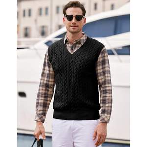 Custom <b>Men's</b> Casual Sleeveless Cable Striped <b>Knit</b> V-Neck Pullover Wool Polyester <b>Waistcoat</b> Cotton Filling Logo Outer Wear - Product Image 1