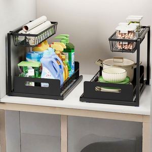 Étagère de rangement rotative à double niveau en acier au carbone, prête à l'emploi, pour évier, sous comptoir, armoire, comptoir de cuisine, ou comme étagère à vêtements pour salon - Product Image 3