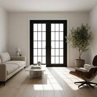 Porte française en PVC à double vitrage, profil mince, design à cadre noir mat, à panneaux divisés, lumière naturelle, pour jardin, patio, villa