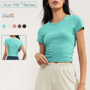 Côtelé femmes respirant sport haut court femmes vêtements de Sport Gym Fitness plaine serré T-Shirt - Product Image 2