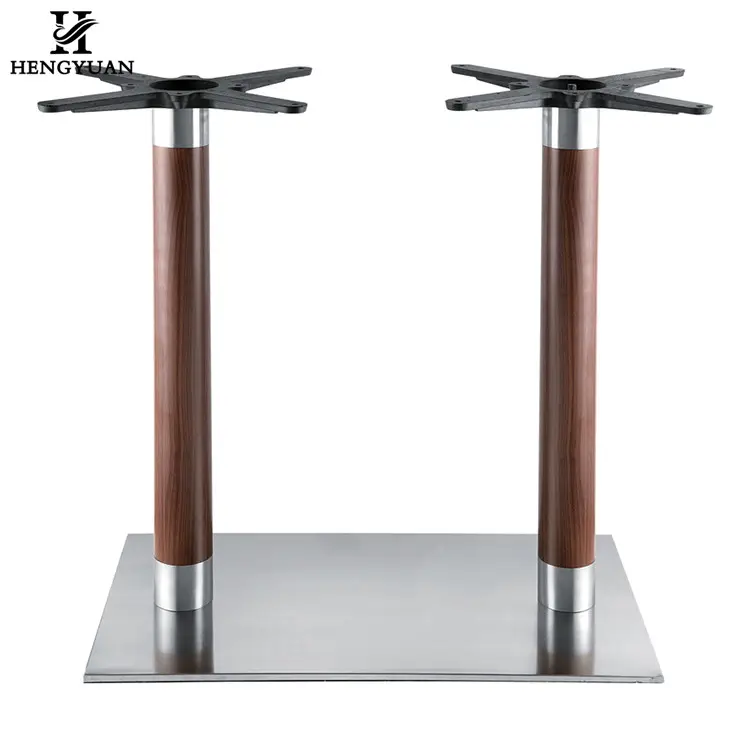 Tự nhiên bằng gỗ tối màu hạt thiết kế tùy chỉnh kim loại bàn ăn cơ sở thép không gỉ cà phê tăng gấp đôi bảng chân