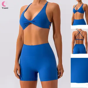Workout Sets For Women 2 Piece Twist Sports Bras High Waist Booty Shorts Exercise Gym Yoga Outfit Yoga Sets