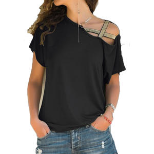 Verano casual diagonal hombro cruzado irregular manga corta Camiseta impresa de mujer para mujer - Product Image 5