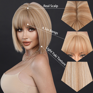 Peluca Yaki Marrón <span class=keywords><strong>Rubio</strong></span> Estilo Bob con Flequillo, Peluca Corta de 12 Pulgadas, Cabello Sintético Natural, 150% de Densidad, Peluca Lisa en Capas para <span class=keywords><strong>Mujer</strong></span> - Product Image 3