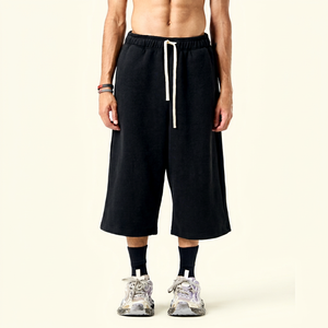 Shorts Harem en Coton Noir à Taille Élastiquée, Coupe Ample, Taille Mi-Haute, Style Jogger, Couleur Unie, Décontracté - Product Image 1