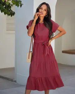 Vestido longo feminino, vestido feminino simples para moças vestido de corrida com gola redonda e laço para o verão