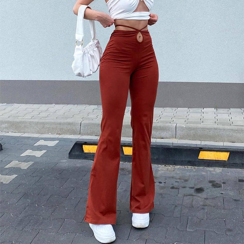 Wholesale Cheap Slim Tight Leg Plain Elastic Flared Pant Women Solid  Stretch Lace up Slim Full Length Flare Leg High Waist Pants