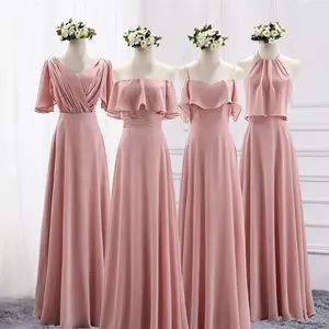 2020 New Sleeveless Pink  Chiffon Bridesmaid Dresses Spaghetti  Strap Bridesmaid Dress Long