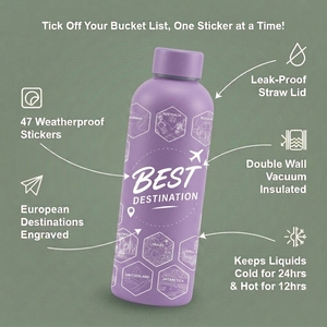 Gourde à double paroi de 500 ml à col étroit avec autocollant de destination de vacances, bouteille d'eau anti-transpiration pour la salle de sport - Product Image 3