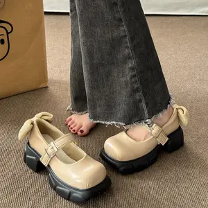2023 봄/여름 패션 프랑스 메리 제인 신발 두꺼운 밑창 일본 활 여성 신발 블랙 플랫폼 힐 신발