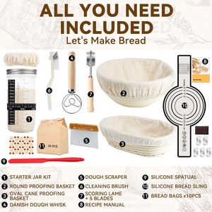 Kit complet de matériel de boulangerie pour pain au levain avec pot de levain, panier de fermentation, écharpe à pain, lame, <span class=keywords><strong>fouet</strong></span> à pâte danoise, sacs - Product Image 2