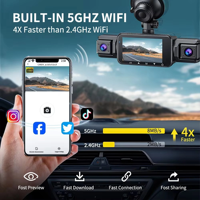 Dashcam Voiture Enregistreur Vidéo WiFi GPS Full HD 4 Objectifs*1080P Caméra de Tableau de Bord 360 Moniteur de Stationnement 24H Enregistreur en Boucle Vision Nocturne Boîte Noire