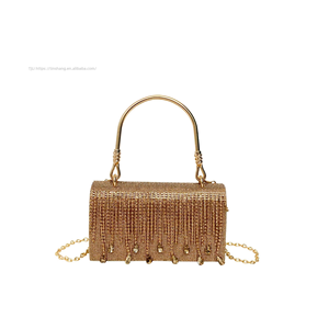 Tassel Shiny Metal <b>Small</b> Square Cover Closure Gold Mobile Phone Rhinestone Chain PU Crossbody <b>Bag</b> for Women Daily Use Tanjing - Product Image 5