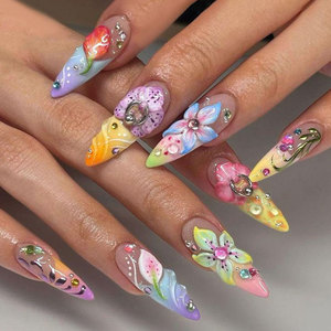 24PCs <span class=keywords><strong>3D</strong></span> Relief Colored Flowers Long Almond Nails Press on Nails <span class=keywords><strong>Uñas</strong></span> postizas Diseño de dedos - Product Image 1