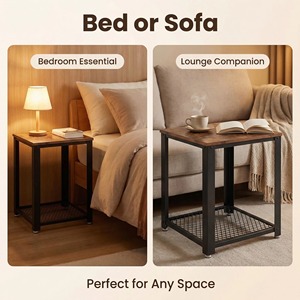 Mesa auxiliar moderna para dormitorio, estilo rústico industrial, <span class=keywords><strong>mesita</strong></span> <span class=keywords><strong>de</strong></span> <span class=keywords><strong>noche</strong></span>, mesa <span class=keywords><strong>de</strong></span> centro <span class=keywords><strong>de</strong></span> lujo ligero con estante <span class=keywords><strong>de</strong></span> almacenamiento y estructura metálica - Product Image 3