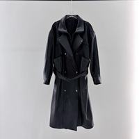 Manteau en cuir pour femme, style décontracté, personnalisable en usine, long, technique, importé, double boutonnage, multi-poches, avec ceinture et fermeture éclair, doux