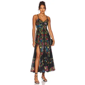Women Fashion Summer Casual Dress Print Floral Slit Maxi Dress