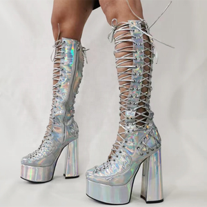 Silver Patent Western Hollow-out Sexy Boots Short Knee-High Women Shoes Cross Strap Platform Thick <b>Heels</b> Lace-up Big Size 47 - Product Image 1