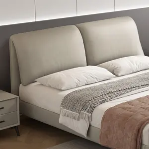 Juego de muebles de cama de dormitorio con diseño de cuero genuino cama de plataforma suave tamaño Queen con cabecero