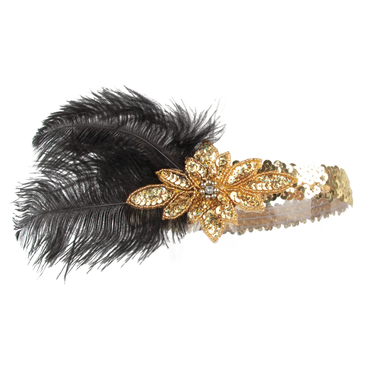 1920s Hair Accessories Gold Sequins Jewelry For Costume Party Black Feather Headpiece For Women Orginal Handmade