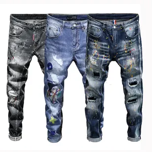 2022 पुरुषों की जींस पेंट गुणवत्ता लोचदार पंत Streetwear चिथड़े आदमी जींस पतला पतलून फट कशीदाकारी डेनिम पैंट