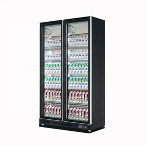 Double Doors Supermarket Refrigeration Equipment Drinks Cans Glass Showcase Display Standing Freezer Fridge