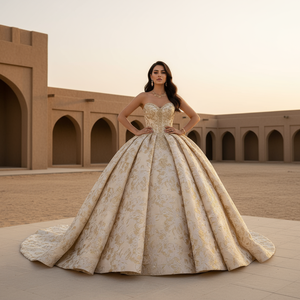 ชุดเดรสหรูสำหรับงาน Quinceanera ประดับด้วยลูกไม้สีทองอร่าม Vestidos De 15 Anos ทรงคอร์เซ็ท ชายกระโปรงยาวแบบ Court Train สำหรับงานเลี้ยงวันเกิดอย่างเป็นทางการ Dy5995 - Product Image 1