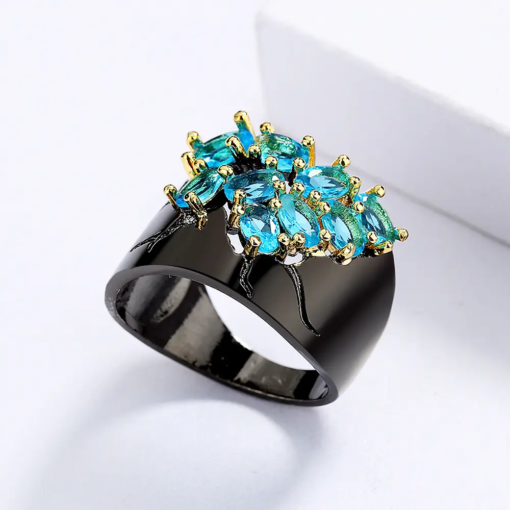 Anel preto de zircônio com flor, joias requintadas kyra01547 para mulheres