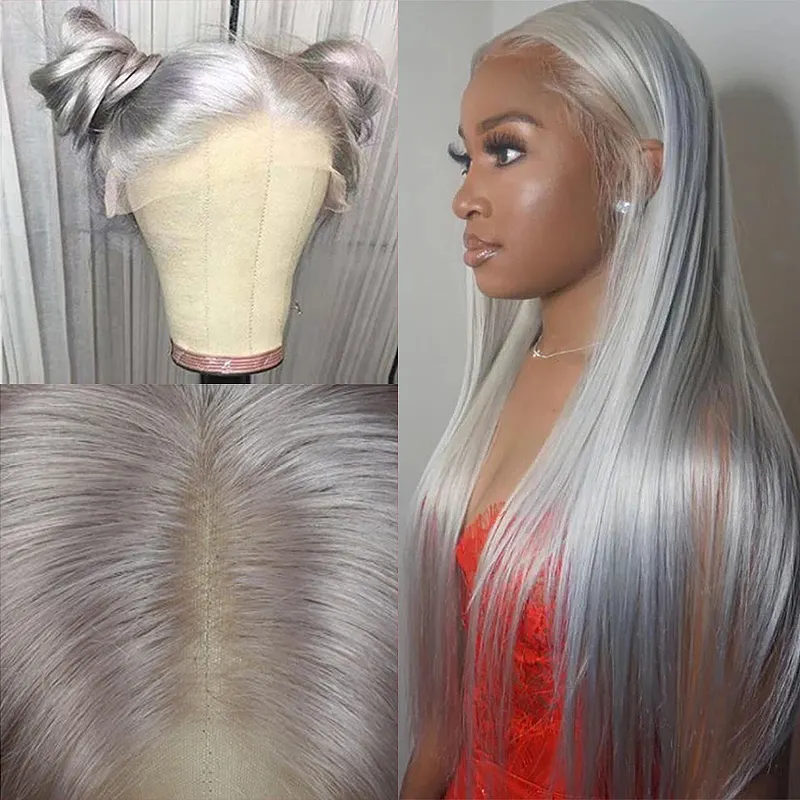 Grey Color 13*4 Lace Frontal Human Hair Wigs Pre Plucked Raw Virgin Hair Gluesless Silk Straight Lace Closure Wigs for Woman