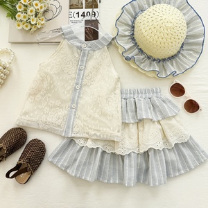 Ensemble deux pièces d'été <span class=keywords><strong>pour</strong></span> filles, avec débardeur sans manches en dentelle et jupe à volants superposés - Product Image 1