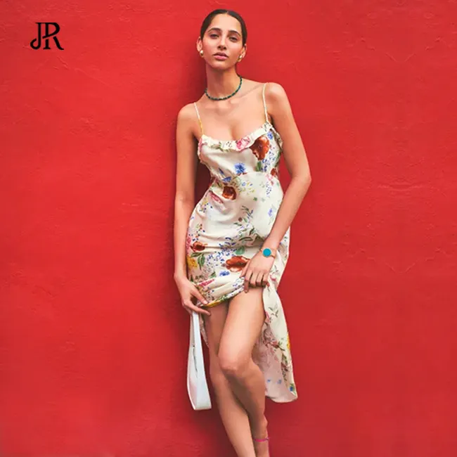 JIARUI Summer Ruffle Silk Floral Casual Dress Vintage Sexy Midi Dress Women Evening Dresses