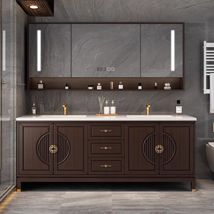 Modern bathroom cabinet smart <b>solid</b> <b>wood</b> floor-standing bathroom washbasin basin cabinet bathroom double basin - Product Image 1