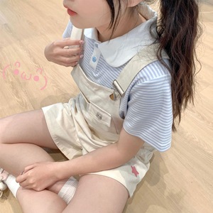 POLO de manga corta para niñas, novedad de verano 2024, camiseta original estilo dulce hermana, rayas, suelta, dulce, tendencia corta - Product Image 3