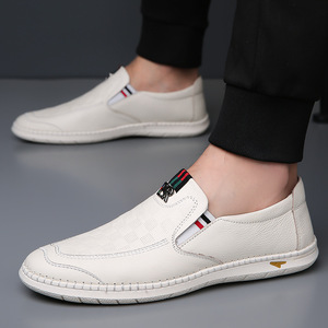 White Men's Loafers Slip-On Round Toe Genuine Leather Breathable <b>Rubber</b> Sole Casual Shoes - Product Image 1