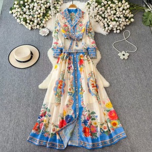 Women's High-End Bow-<b>Tie</b> Waist-Cinching Short-Sleeve Collared Blouse With Button-Front Print Skirt 2-Piece <b>Set</b> Fashion - Product Image 2