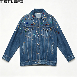 Veste en jean trucker délavée et vieillie personnalisée pour homme, bleue, avec strass colorés, vente en gros - Product Image 3