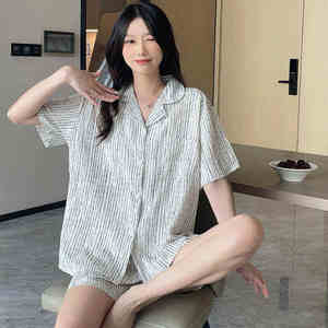 Pyjama deux pièces en coton rayé pour femme, été/hiver, vêtements de maison, vêtements de nuit, séchage rapide, doux et lisse - Product Image 4