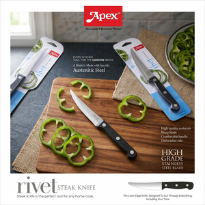 Cuchillo para carne ANAX RIVET de acero inoxidable con borde dentado, para diestros, acabado de alto brillo, mango de plástico, apto para lavavajillas, 23.2x2.8cm - Product Image 1