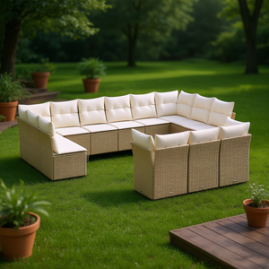 Conjunto de Sofás de Jardín Beige, Muebles de Exterior de Ratán, Cojín Impermeable, Diseño Contemporáneo - Product Image 2